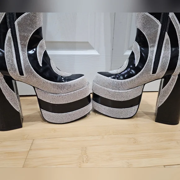 Dolls Kill Current Mood How Sweet It Is Platform Rhinestone Swirl Black Boots 8 - Picture 10 of 16